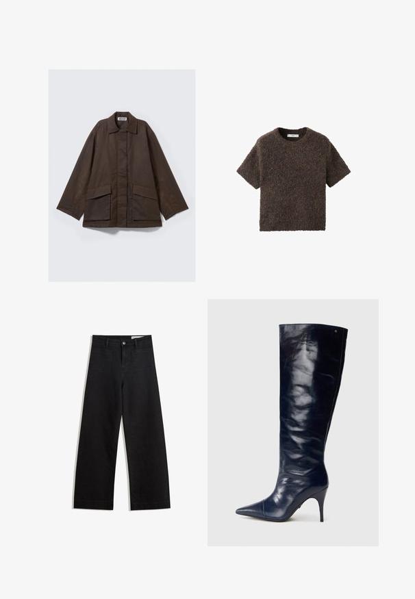 Brown, long-sleeve jacket with a collared neck, two front pockets, and a straight cut design. Made of smooth, lightweight fabric.; Short-sleeve, crew-neck top in a fluffy, textured material. Color is dark brown with subtle variations. Simple, straight-cut design.; Black wide-leg denim pants with a high waist, featuring front and back pockets, stitched seams, and a button closure. Smooth texture.; Navy leather knee-high boot, glossy finish, pointed toe, slim stiletto heel, seamless design, features a subtle gold accent.