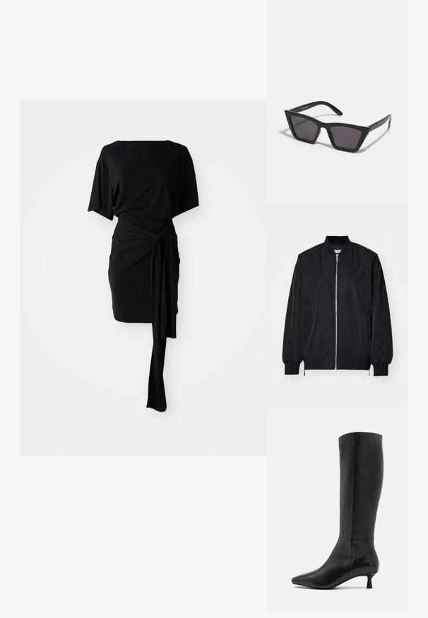 Melnā bumbieru jaka ar rāvējslēdzēja priekšu, noderīgām maliņu kabatām un ribotiem piedurkņu galiem un apakšmalu. Izgatavota no gludas auduma ar minimālu logotipu uz krūtīm.; Melna kleita ar brīvu piegriezumu augšdaļā, iepakojuma stila jostas detaļu un plūstošu svārku. Izgatavota no gludas auduma, ar taisnu piegriezumu un īsām piedurknēm.; Zign Zābaki - black; Melni, stūrveida saulesbrilles ar pelēkiem objektīviem; izgatavotas no plastmasas, ar biezām kājām, kam ir gluda virsma un nav redzamu stiprinājumu.; Calvin Klein RELOCK SHOULDER BAG - Rokassoma - black