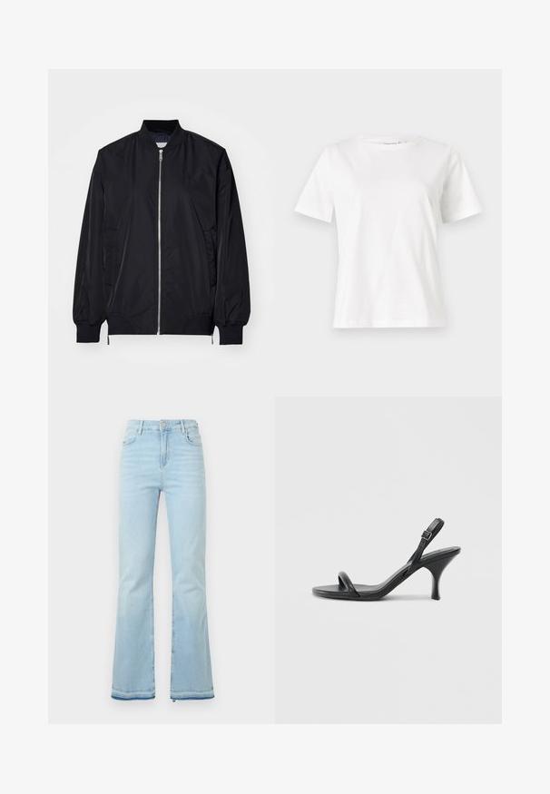 Black bomber jacket with a zip front, ribbed cuffs and hem, and side pockets. Made of smooth material with a minimalist logo on the chest.; White cotton t-shirt with short sleeves, round neckline, and a relaxed fit. Smooth texture, no patterns or accents, minimalistic design.; Light blue flared jeans made of denim, featuring a high waist, front pockets, and a raw hem at the cuffs for a casual look.; Black leather high-heeled sandals with a slim, curved heel and a crossed strap design. Adjustable ankle strap. Smooth texture.