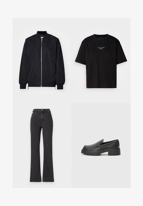 Black bomber jacket with a zip front, ribbed cuffs and hem, and side pockets. Made of smooth material with a minimalist logo on the chest.; Black cotton t-shirt with a round neck, short sleeves, and blue embroidered "Calvin Klein JEANS" logo on the front.; Black high-waisted flared jeans made of denim, featuring a button closure, belt loops, and side pockets. Smooth texture with minimal fading.; Black leather loafers with a rounded toe, thick textured sole, and minimal stitching details. Sleek design with no visible laces or hardware.