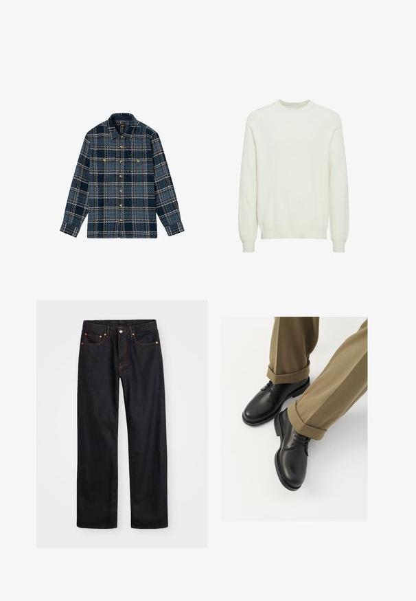 Lee LONG SLEEVE TEXTURED 2PKT - Lichte jas - mood indigo grey plaid; Licht crèmekleurig geribbeld sweater met een ronde hals, lange mouwen en smalle manchetten, gemaakt van een zachte stof met een textuurafwerking.; Heren straight-leg zwarte denim jeans met vijf zakken en oranje stiksels, knoop- en ritssluiting op de voorkant van de tailleband.; Zwarte leren brogues met een gladde afwerking, voorzien van veters en een ronde neus, gecombineerd met opgerolde khaki broek.