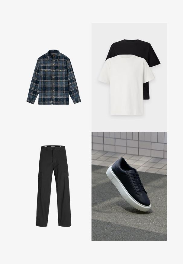 Lee LONG SLEEVE TEXTURED 2PKT - Lichte jas - mood indigo grey plaid; Katoenen T-shirt set met een zwarte top en een witte top, beide met korte mouwen, ronde hals en een standaard pasvorm. Textuurstof.; Zwarte cargobroek met een losse pasvorm, gemaakt van katoen. Bevat twee zijzakken en een knoopsluiting, ontworpen voor functionaliteit en comfort.; Zwarte leren sneaker met een ronde neus en een witte rubberen zool. Voorzien van platte veters en minimale stiksels op het bovenwerk. Textuurrijke zool voor grip.