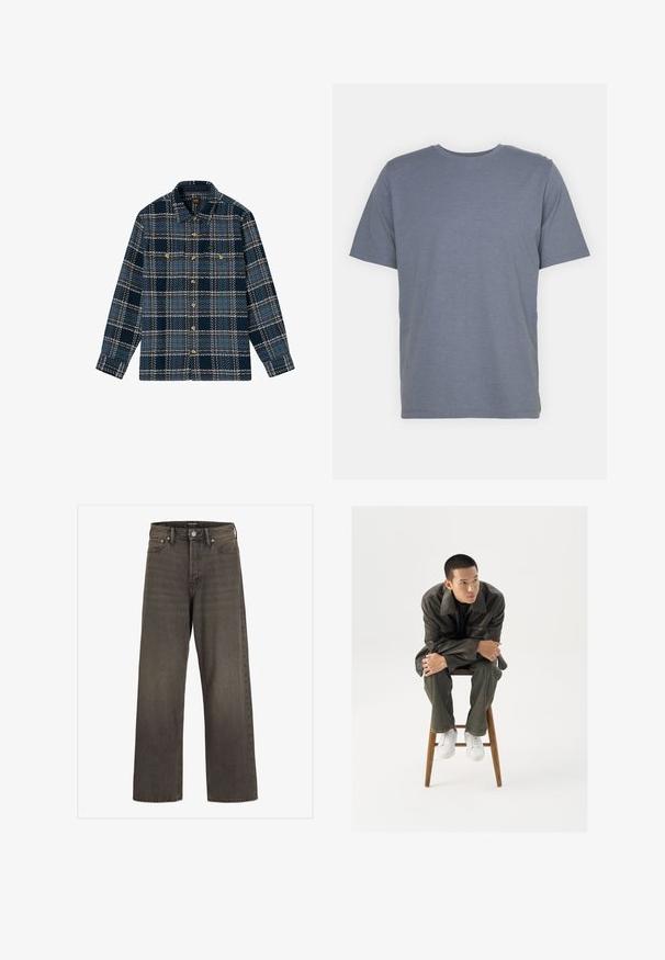 Lee LONG SLEEVE TEXTURED 2PKT - Kevyt takki - mood indigo grey plaid; Harmaa lyhythihainen T-paita, jossa on pyöreä kaula-aukko, valmistettu pehmeästä puuvillasekoitekankaasta. Yksinkertainen muotoilu, ilman kuvioita tai yksityiskohtia.; Valkoset farkut tummanharmaasta denimestä, joissa on korkea vyötärö, klassinen viisi-taskuinen muotoilu ja erottuvat ompeleet saumoissa.; Ruskea nahkatakki, jossa on leveä kaulus, yhdistetty tummanvihreisiin farkkuihin ja valkoisiin tennareihin. Malli istuu puujakkaralla.