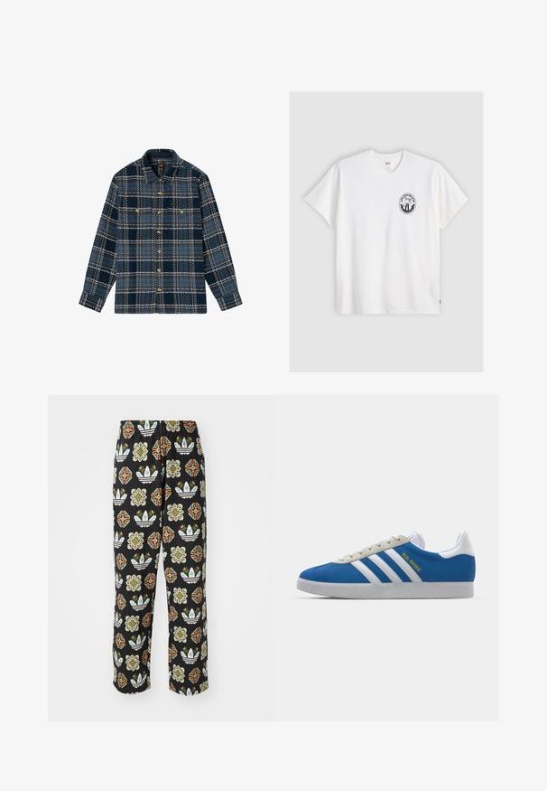 Lee LONG SLEEVE TEXTURED 2PKT - Tunn jacka - mood indigo grey plaid; Vit bomulls t-shirt med korta ärmar, rund hals och en svart cirkulär logotyp på vänster bröst som har en stiliserad design.; Svarta byxor med ett intrikat mönster av olika former, inklusive blommönster och ränder i orange, grönt och vitt.; adidas Originals ADIDAS GAZELLE SHOES - Inomhusfotbollsskor - real madrid/bluebird/footwear white/crew yellow