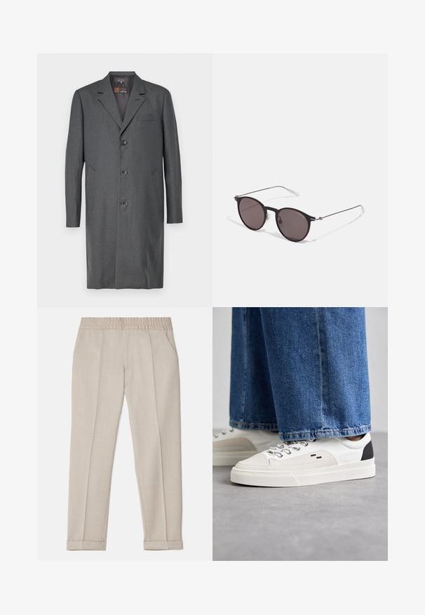 Palton gri dintr-un material texturat, având rever cu fason în formă de v, trei butoane, un buzunar pe piept și două buzunare laterale. Croit pe o lungime medie.; Hanorac negru cu o bandă roșie mare care prezintă litere albe tiparite. Include un glugă cu șnur și manșete cu zimți. Material din amestec de bumbac.; Filippa K TERRY CROPPED TROUSERS - Pantaloni - sage melange; Adidași albi și negri, cu un superior din piele netedă, accente texturate și o talpă albă groasă. Prezintă un design clasic cu șireturi.; Ochelari de soare negri rotunzi cu lentile întunecate și brațe metalice subțiri. Include vârfuri transparente pentru brate și accente argintii la balama. Design minimalist.