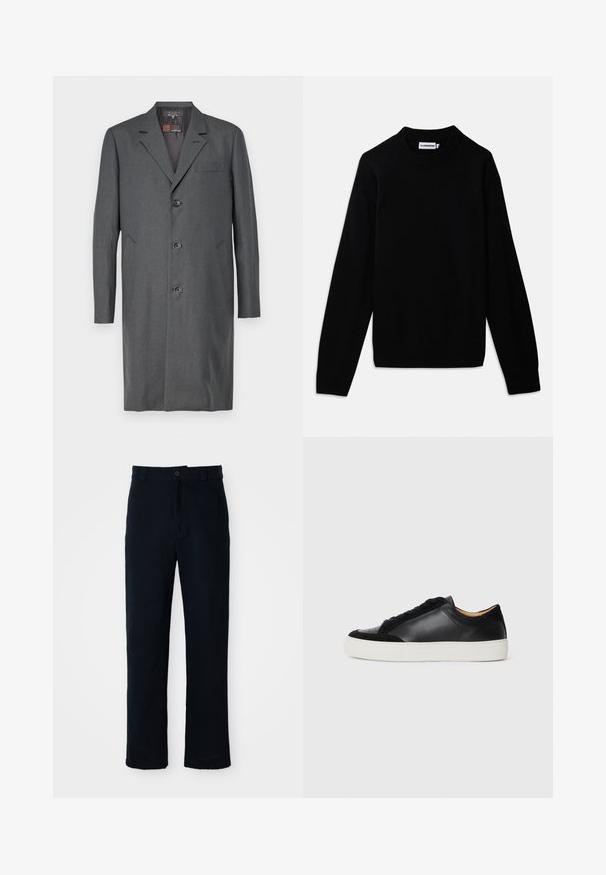 Grauer Übermantel aus strukturiertem Stoff, mit Reverskragen, drei Knöpfen, einer Brusttasche und zwei Seitentaschen. Mittellanger Schnitt.; Schwarzer Pullover mit einem gerippten Rundhalsausschnitt, langen Ärmeln und einem strukturierten Strickmuster. Keine sichtbaren Logos oder Verzierungen.; Dunkelblaue Baumwollhosen mit geradem Bein, einem Frontknopfverschluss und einem klassischen Bund mit Gürtelschlaufen.; Schwarze Ledersneaker mit Wildlederakzenten, runde Zehenpartie, flache weiße Gummisohle und kontrastierende Texturen am Obermaterial und den Schnürsenkeln.