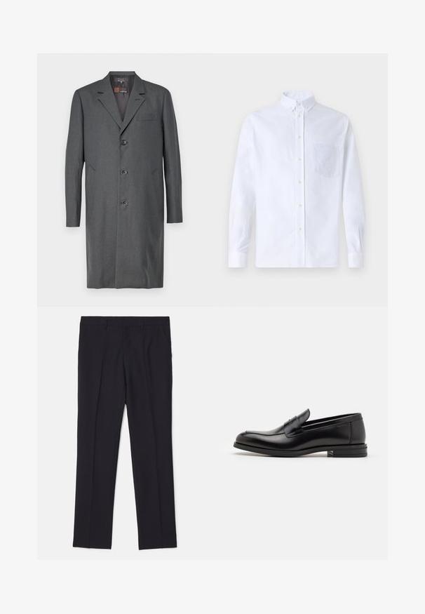Gray overcoat made of textured fabric, featuring a notched lapel, three buttons, a chest pocket, and two side pockets. Mid-length cut.; White long-sleeve button-up shirt made of cotton, featuring a chest pocket with tonal embroidery, a collar, and button cuffs.; Black tailored trousers made of smooth fabric, featuring two side pockets, a straight leg design, and no visible patterns or accents.; Black leather loafers with a smooth texture, rounded toe, and a decorative strap across the vamp. Low stacked heel, minimalist design.