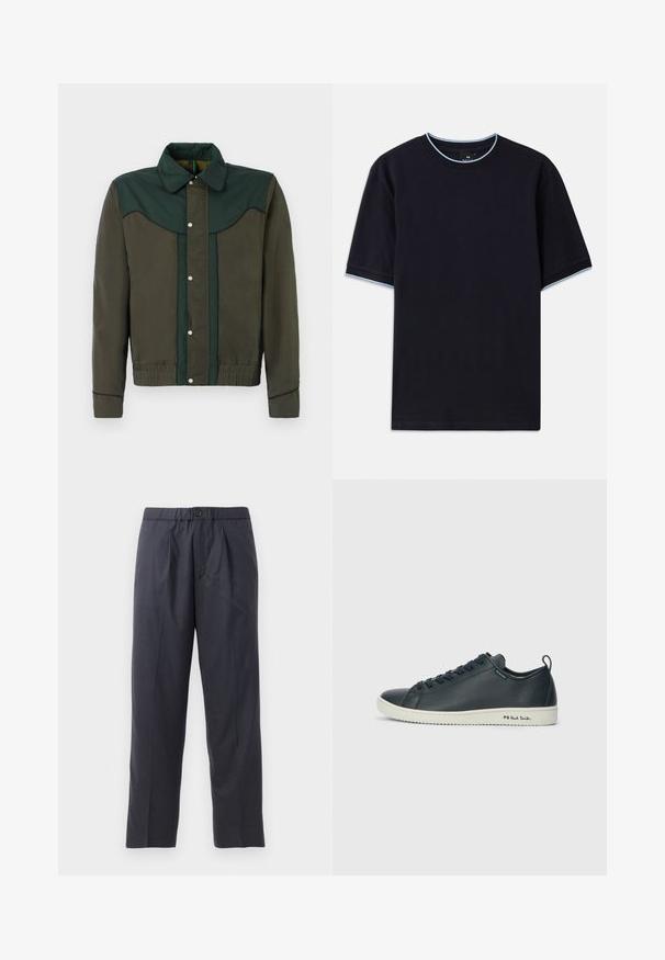 Grön och brun jacka med tryckknappsstängning, krage och elastiska manschetter och fåll. Har kontrasterande färgpaneler och subtil textur.; Mörkblå t-shirt med kort ärm och rund halsringning, med ljusblå detaljer vid kragen och ärmarna. Tillverkad av mjukt bomullstyg.; Mörk marinblåbyxor av mjukt tyg med veckad design fram och elastisk midja. Har en knappstängning och rak benöppning.; Mörkblå lädersneaker med en slät finish, rund tå, sex ögla snörning och kontrasterande vit gummisula. Har varumärke på sidan.