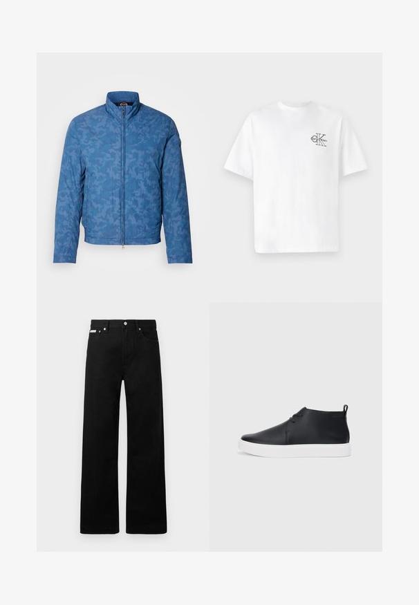 Jaca de camuflagem azul com colarinho alto, fecho de correr completo e tecido texturizado. Apresenta um acabamento suave e punhos elásticos.; T-shirt de algodão branco com mangas curtas, gola redonda, apresentando um logo CK preto na área do peito esquerdo, ajuste padrão, textura suave.; Calças de ganga pretas com um design de pernas largas, apresentando cinco bolsos e fechos metálicos. Textura suave, sem padrões visíveis.; Sapatilhas altas de couro preto com um acabamento suave, sola de borracha branca e um design simples de atacadores. Apresenta uma alça na parte de trás.
