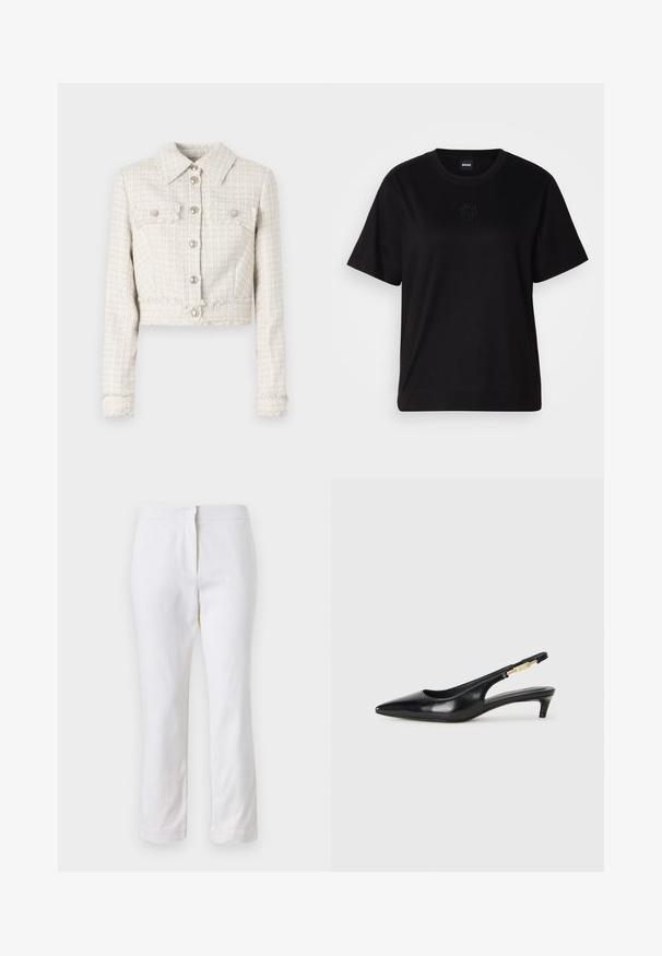 Cropped beige tweed jacket with a collar, two front pockets, metallic buttons, and frayed hem details. Textured and structured fabric.; Black cotton t-shirt with a crew neckline, short sleeves, and an embroidered logo on the chest. Simple, relaxed fit with no patterns.; White cotton pants with a straight leg design, featuring a mid-rise waist and no visible hardware or patterns. Smooth texture throughout.; Black leather slingback heels with a pointed toe, featuring a slim heel and a gold-tone accent on the adjustable strap. Smooth texture.