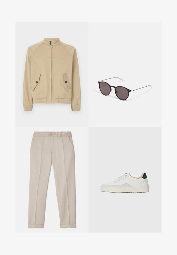 Giacca beige con zip, colletto alto, due tasche oblique, chiusura con bottoni e polsini a coste, realizzata in un tessuto leggero e liscio.; Felpa nera in cotone con collo tondo, polsini e orlo a coste. Caratterizzata da un logo dorato "EA7" sul petto.; Filippa K TERRY CROPPED TROUSERS - Pantaloni - sage melange; Sneaker bianco con accenti in camoscio, punta rotonda, lacci piatti e suola in gomma crema. Presenta un marchio verde sul tallone.; Occhiali da sole neri rotondi con lenti scure e sottili bracci in metallo. Include punte trasparenti e accenti argentati alla cerniera. Design minimalista.