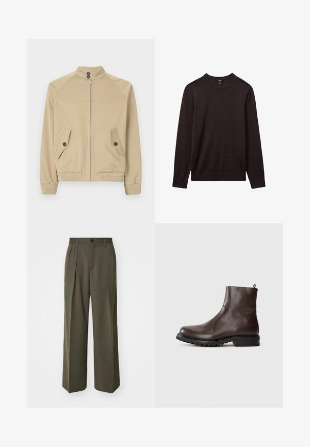 Beige Zip-Jacke mit hohem Kragen, zwei schrägen Taschen, Knopfverschluss und gerippten Bündchen, aus einem glatten, leichten Stoff gefertigt.; Reiss Strickpullover - dark bordeaux; Filippa K WIDE TROUSERS - Stoffhose - driftwood; Braune Leder-Stiefeletten mit glatter Textur, elastischen seitlichen Einsätzen, einer Schlaufe hinten und einer robusten Gummisohle.