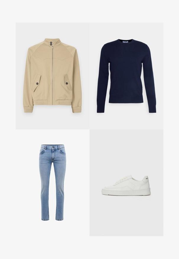 Giacca beige con zip, colletto alto, due tasche oblique, chiusura con bottoni e polsini a coste, realizzata in un tessuto leggero e liscio.; Maglione a collo tondo blu navy realizzato in morbido tessuto, con maniche lunghe e orlo a coste. Senza motivi o decorazioni visibili.; Jeans in denim blu chiaro con vestibilità slim, cinque tasche e design a gamba dritta. Presenta un'apertura con zip e passanti per cintura. Texture morbida.; Sneaker in pelle bianca con una finitura liscia, punta rotonda, lacci piatti e suola testurizzata. Presenta un logo discreto sul tallone.