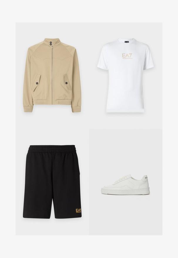 Beige zip-up jacket with a high collar, two angled pockets, button closures, and ribbed cuffs, made from a smooth, lightweight fabric.; White cotton t-shirt featuring a round neckline and short sleeves, with a gold EA7 Emporio Armani logo printed on the front.; Black athletic shorts made of soft fabric,Featuring an elastic waistband and a small yellow EA7 logo on the lower left leg.; White leather sneaker with a smooth finish, round toe, flat laces, and a textured sole. Features a subtle logo on the heel.