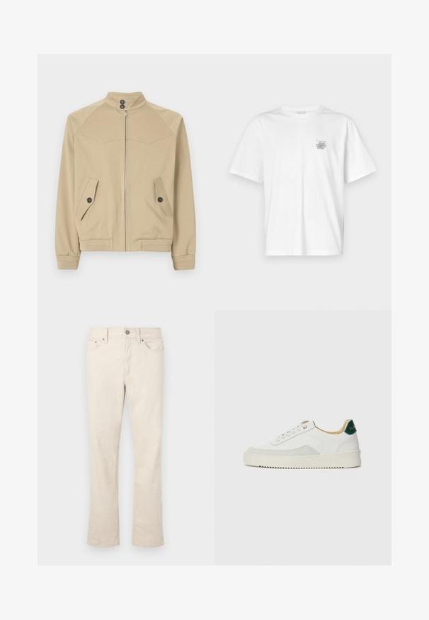 Beige színű cipzáras dzseki magas gallérral, két ferde zsebbel, gombos záródással és bordás mandzsettákkal, sima, könnyű anyagból készült.; Fehér pamut póló rövid ujjakkal, kerek nyakkal, és egy kis szürke logóval a bal mellrészen. Sima tapintású.; Beige, pamut keverék farmernadrág, egyenes láb kialakítással. Elöl gombos és cipzáras záródással rendelkezik, öt zsebe van, és finom varrási részletei vannak.; Fehér sneaker suédé részletekkel, kerek orral, lapos fűzőkkel és krémszínű gumitalppal. Zöld logó található a sarkán.