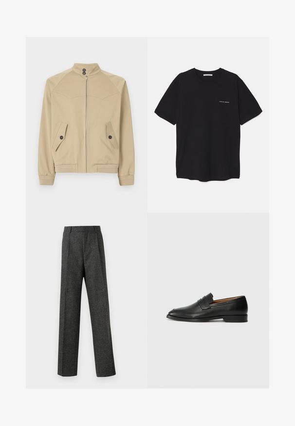 Beige színű cipzáras dzseki magas gallérral, két ferde zsebbel, gombos záródással és bordás mandzsettákkal, sima, könnyű anyagból készült.; Fekete pamut T-shirt kerek nyakkivágással, rövid ujjakkal, és fehér logónyomattal a bal mellrészen. Egyszerű, egyszínű dizájn.; Szürke, texturált anyagból készült, szabott nadrág, két elülső pliszével és egyenes lábbal. Nincsenek látható zsebek vagy díszítések.; Fekete bőr mokaszin, kerek orral, diszkrét varrásokkal és alacsony sarokkal, sima felülettel és minimalista dizájnnal.
