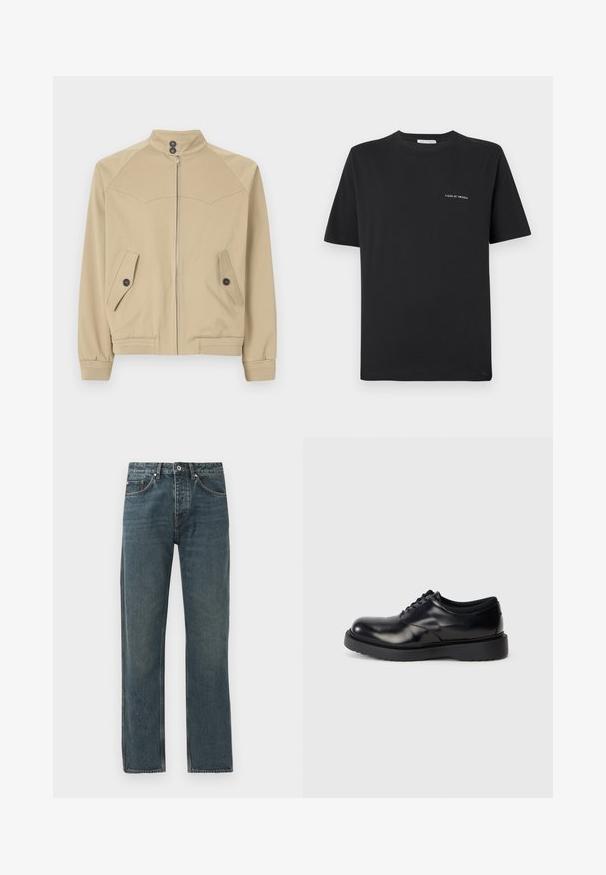 Casaco bege com fecho de correr, colarinho alto, dois bolsos inclinados, fechos de botão e punhos com nervuras, feito de um tecido liso e leve.; Camisa de algodão preta com decote redondo, mangas curtas e um pequeno logo branco "TIGER OF SWEDEN" no peito. Corte clássico.; Calças de ganga azul-escuro com um design de perna reta, apresentando cinco bolsos, um fecho com botão e detalhes de costura em contraste.; Sapato de couro preto com atacadores, bico arredondado, superfície lisa e sola de borracha espessa com ranhuras subtis para tração.