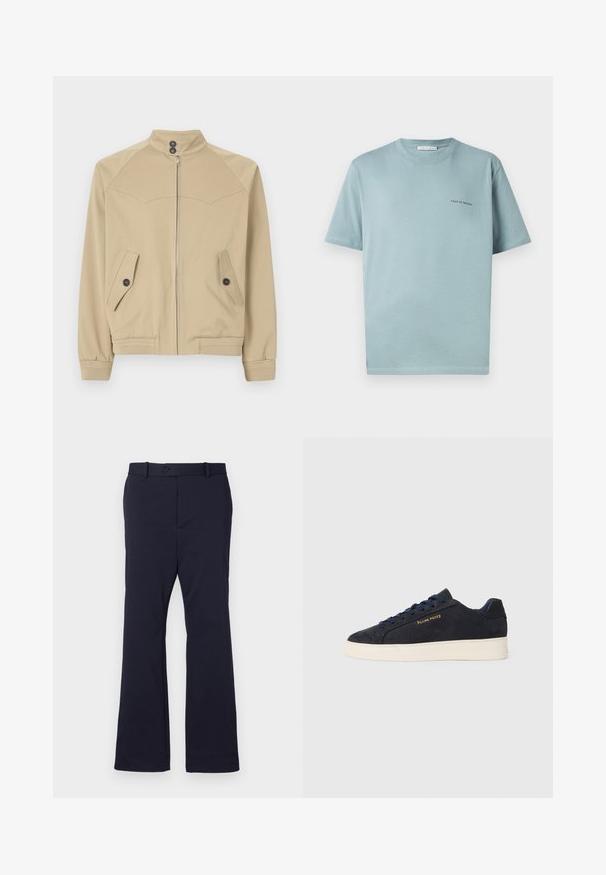 Beige zip-up jacket with a high collar, two angled pockets, button closures, and ribbed cuffs, made from a smooth, lightweight fabric.; Light blue cotton T-shirt with a crew neck, short sleeves, and a small "TIGER OF SWEDEN" logo on the left chest. Smooth texture.; Navy blue trousers made of smooth fabric with a straight leg design, front pockets, and a single button closure at the waist.; Navy blue suede low-top sneaker with white sole, navy laces, and "Filling Pieces" logo in gold on the side.