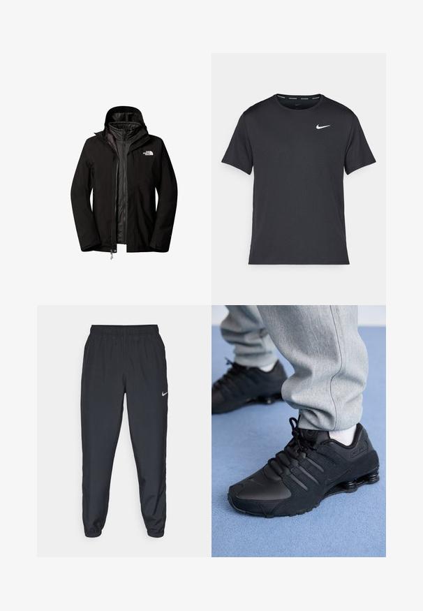Giacca nera impermeabile con zip frontale, cappuccio regolabile e polsini elasticizzati. Logo sul lato sinistro del petto e fodera interna visibile.; Maglietta da corsa Nike nera realizzata in materiale leggero e traspirante, con maniche corte e un piccolo logo bianco sul petto.; Pantaloni da jogging neri realizzati in tessuto leggero con cintura elastica, polsini alla caviglia e un logo Nike discreto sul lato sinistro.; Persona che indossa sneakers Nike Shox nere e pantaloni sportivi grigi, in piedi su un tappeto azzurro chiaro.