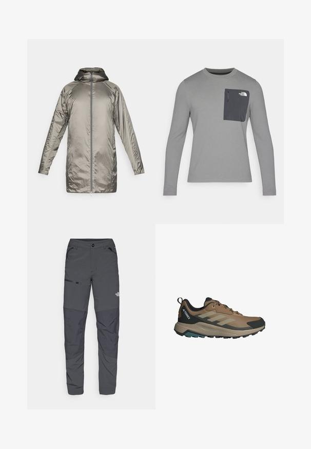 Long, lightweight jacket in a metallic silver color. Features a hood, zipper closure, and smooth, shiny texture with minimal detailing.; Long-sleeve gray shirt with textured fabric, featuring a dark gray chest pocket and a zip closure. Logo on pocket in white.; Gray outdoor pants with a smooth texture, featuring a zippered pocket on the side, reinforced knee sections, and a subtle logo detail.; Brown athletic shoes with mesh and synthetic material, featuring a gray and black design, textured sole, and green accent on the bottom.