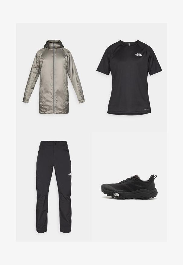Chaqueta larga y ligera en color plateado metálico. Cuenta con capucha, cierre de cremallera y una textura lisa y brillante con detalles mínimos.; Camiseta atlética corta negra de manga corta con una tela texturizada, que presenta un logo blanco en el lado izquierdo del pecho y un dobladillo recto.; Pantalones exteriores negros con un bolsillo frontal con cremallera, material sintético, piernas ajustadas y paneles de rodilla reforzados. Cuenta con un cierre de botón.; Zapatilla de trail running negra con upper texturizado, suela de goma y puntera reforzada. Presenta un collar acolchado y una lengüeta para poner y quitar fácilmente.