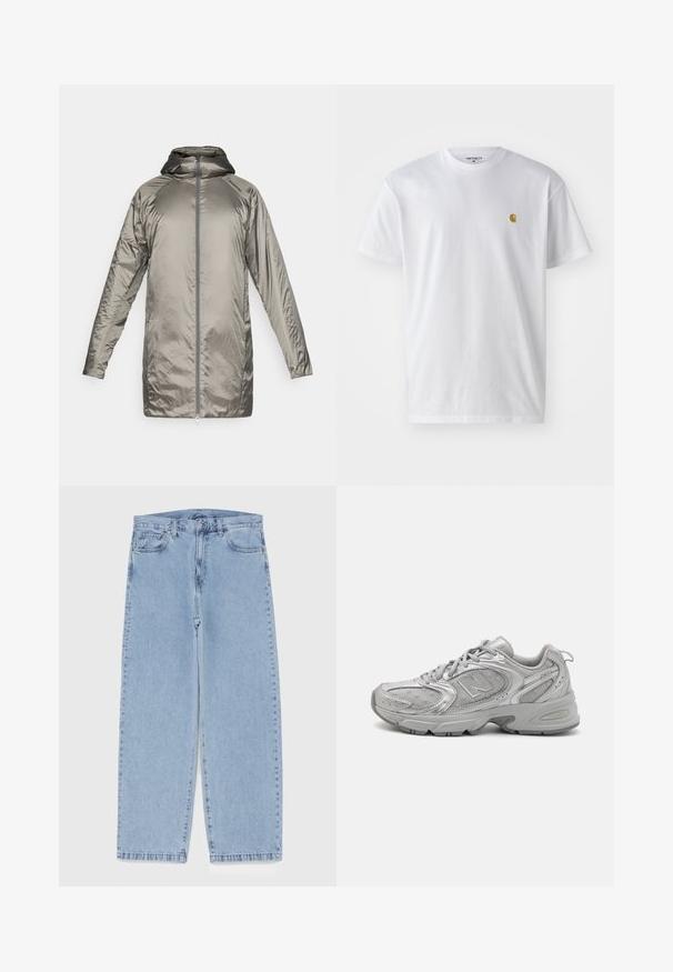 Pikk, kerge jakk metallise hõbedase värviga. Omab kapuutsi, lukku ja sujuvat, läikivat tekstuuri minimaalse detailidega.; Valge puuvillane t-särk lühikeste varrukatega, ümmargune kaelus, millel on väike kuldne logo vasakul rinnal. Pehme tekstuur ja regulaarne lõike.; Heled sinise denimi sirgete põlvede lõikega teksad, millel on keskmise kõrgusega vöökoht, viis taskut ning nööbid ja tõmblukk.; Hõbedane sportlik jalanõud, millel on stiilne disain, võrkpaneelid, pehmendatud keel, tekstureeritud sünteetiline pealmine osa ja kummist välistald haardumise tagamiseks.