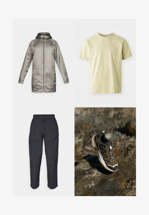 Veste longue et légère de couleur argent métallique. Comprend une capuche, une fermeture à glissière, et une texture lisse et brillante avec un minimalisme dans les détails.; Salomon TRACKLINE TEE - T-shirt de sport - gray green; Pantalons cargo noirs en matériau léger et résistant à l'eau ; dotés d'une taille élastique, de plusieurs poches zippées et de jambes fuselées.; Chaussure de randonnée en vert olive et noir avec des accents roses. Elle présente un dessus texturé, une semelle flexible, une coque avant renforcée et un système de laçage coloré.