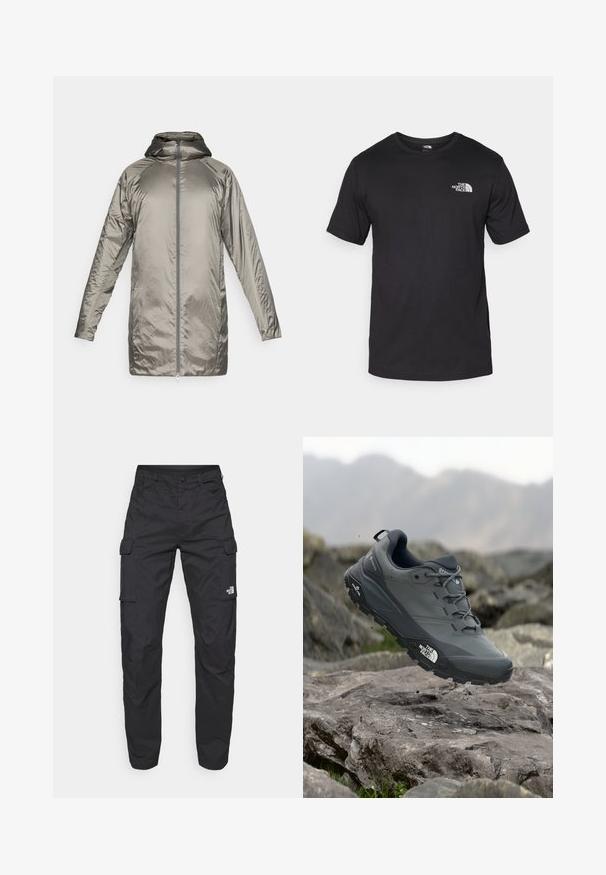 Długa, lekka kurtka w metaliczno-srebrnym kolorze. Posiada kaptur, zamek błyskawiczny oraz gładką, błyszczącą teksturę z minimalnymi detalami.; Czarna koszulka z krótkim rękawem wykonana z bawełny, z okrągłym dekoltem i małym białym logo na górnej lewej części klatki piersiowej.; The North Face - Bojówki; Szare buty do biegania w terenie z teksturową cholewką, trwałą gumową podeszwą i wzmocnionym noskiem. Posiadają sznurowadła oraz logo marki z boku.