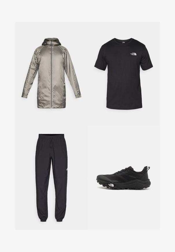 Langer, leichter Mantel in metallischem Silber. Verfügt über eine Kapuze, einen Reißverschluss und eine glatte, glänzende Textur mit minimalen Details.; Schwarzes T-Shirt mit kurzen Ärmeln aus Baumwolle, mit einem runden Ausschnitt und einem kleinen weißen Logo auf der oberen linken Brust.; Schwarze Sporthosen aus leichtem Stoff, mit einem Kordelzugbund, seitlichen Taschen und schmal zulaufenden Bündchen an den Knöcheln.; Schwarzer Trailrunning-Schuh mit strukturiertem Obermaterial, Gummisohle und verstärkter Zehenkappe. Verfügt über einen gepolsterten Kragen und eine Ziehlasche für einfaches Anziehen.