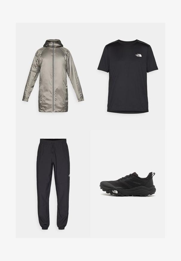 Dolg, lahek plašč v metalno srebrni barvi. Ima kapuco, zadrgo in gladko, sijajno teksturo z minimalnim okrasjem.; Črna kratkosleevena majica iz lahkotnega materiala. Ima majhen bel logo na levem prsnem delu in diskretne poudarke na ramenskem predelu.; Črne atletske hlače iz lahkega materiala, ki imajo elastični pas z vezalko, stranske žepe in zožene manšete na gležnjih.; Črne tekaške čevlje za trail s teksturirano zgornjega dela, gumijastim podplatom in ojačanim zaključkom prstov. Vključuje oblazinjen ovratnik in zanko za enostavno obuvanje.