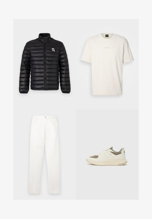 Black puffer jacket featuring a high collar, horizontal quilting, and a chest logo. Made of shiny material with elastic cuffs and zipper closure.; BOSS TEE - Basic T-shirt - open white; White trousers made from smooth fabric, featuring a straight leg design, front pleats, and a single button closure at the waist.; White and light beige athletic sneaker, featuring a mesh upper, perforated detailing, and a textured midsole with branding on the heel.