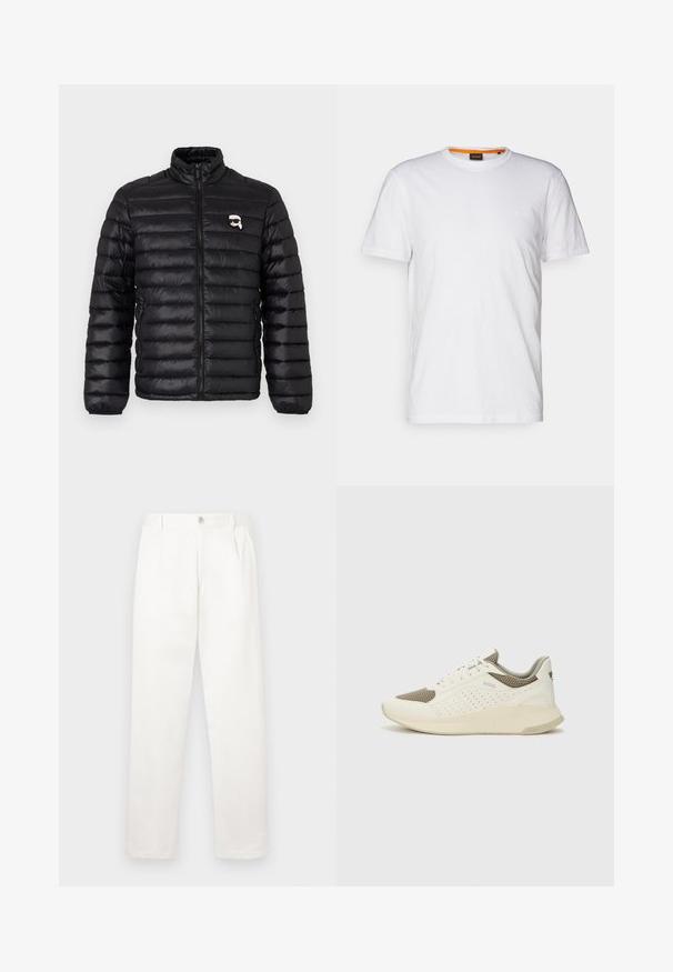 Juodas pūkuotukas su aukštu kaklu, horizontaliu siuvimu ir logotipu krūtinėje. Pagamintas iš blizgaus medžiagos, su elastinėmis rankovėmis ir užtrauktuku.; Balta medvilnė marškinėliai su apvalia iškirpte, trumpomis rankovėmis ir subtiliu iškilniu logotipu ant krūtinės. Viduje esantis etiketas turi oranžinį akcentą.; Balti kelni, pagaminti iš lygaus audinio, turi tiesią kojos konstrukciją, priekinę klostę ir vieną mygtuką juosmens srityje.; Baltas ir šviesiai bežinis sportinis kedas, su tinklo viršumi, perforuotais detalėmis ir tekstūruotu tarpine su logotipu ant kulno.