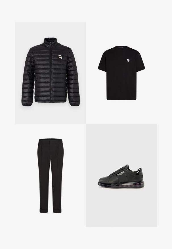 Čierna zimná bunda s vysokým golierom, horizontálnym prešívaním a logom na hrudi. Vyrobená z lesklého materiálu s elastickými manžetami a zipsovým zapínaním.; Čierne bavlnené tričko s krátkymi rukávmi, okrúhlym výstrihom a malou bielou srdiečkovou grafikou na ľavej hrudi.; Čierne nohavice s elastickým pásom, s rovnými nohavicami a prehnutými manžetami. Vyrobené z hladkej tkaniny bez vzorov.; Čierne tenisky s hladkým koženým vrchom, zaoblenou špičkou a dizajnom na šnurovanie. Sú vybavené priehľadnou, polstrovanou podrážkou s tmavým gradientom.