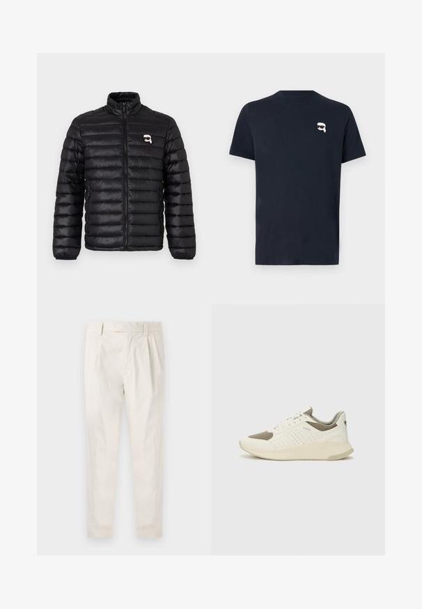 Svart puffjakke med høy krage, horisontal quilting og logo på brystet. Laget av glanset materiale med elastiske ermer og glidelås-lukking.; Mørkeblå bomulls t-skjorte med kort erm, rund hals og et lite hvitt grafisk bilde av en person med solbriller på brystet.; Hvite, pregede bukser med skreddersydd passform, som har en jevn tekstur, beltehemper og avsmalnende ben. Ingen synlige lommer eller mønstre.; Hvit og lysebeige treningssko, med en mesh-overdel, perforerte detaljer og en teksturert mellomsåle med merkevare på hælen.