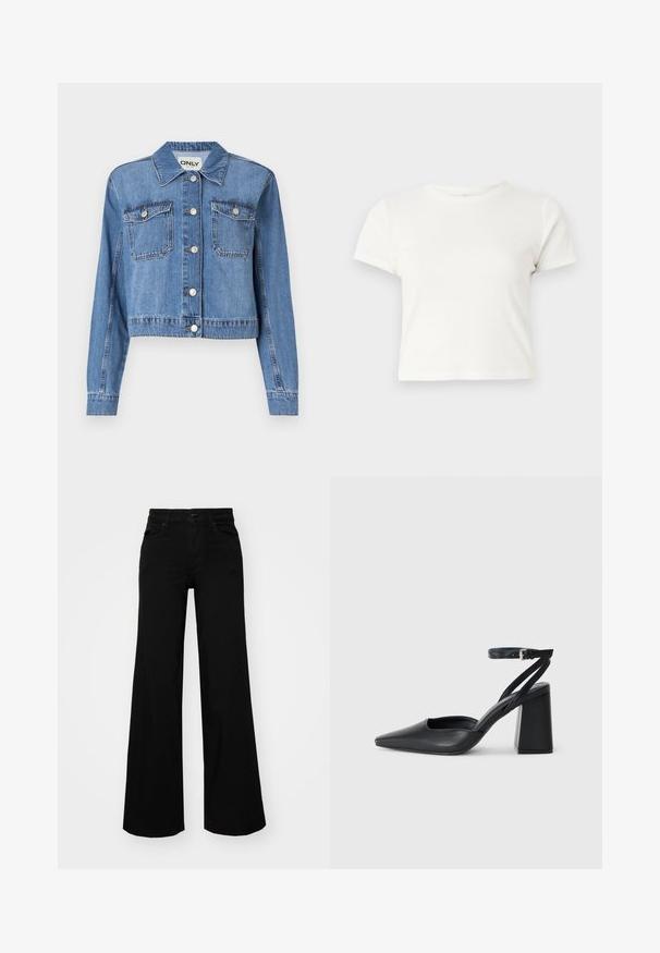 Jaqueta de denim azul clara com um design cropped, botões frontais, dois bolsos no peito e colarinho pontudo. Apresenta uma textura suave.; T-shirt branca curta feita de algodão, com mangas curtas, um decote redondo e uma bainha reta, apresentando uma textura suave e um design minimalista.; Calças largas pretas em denim, com uma cintura estruturada, passantes para cinto e bolsos frontais. Textura suave com um design clássico.; Sandal com biqueira afilada em couro preto, com cinta no tornozelo e salto grosso. Textura lisa, design elegante e estética minimalista.