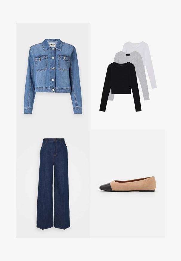 Heleukrõngane džinnjak, millel on lühenenud disain, ees nupukinnitus, kaks rinna taskut ja terav krae. Omab siledat tekstuuri.; Kolm pikkade varrukatega toppi, mis on üksteise peale asetatud: must, hall ja valge. Igal ühel on ümar kaelus ja lühike disain, valmistatud siledast, kergekaalulisest kangast.; Kõrge vöökohaga laiad tumesinised teksapüksid, millel on ees- ja tagataskud, nööpide sulgemine ning nähtavad õmblusdetailid.; Beežist nubukist balletkingad musta nahast ümara ninaotsaga, madala kanna ja siledaga, millel on minimaalne õmblus ja lihtne disain.