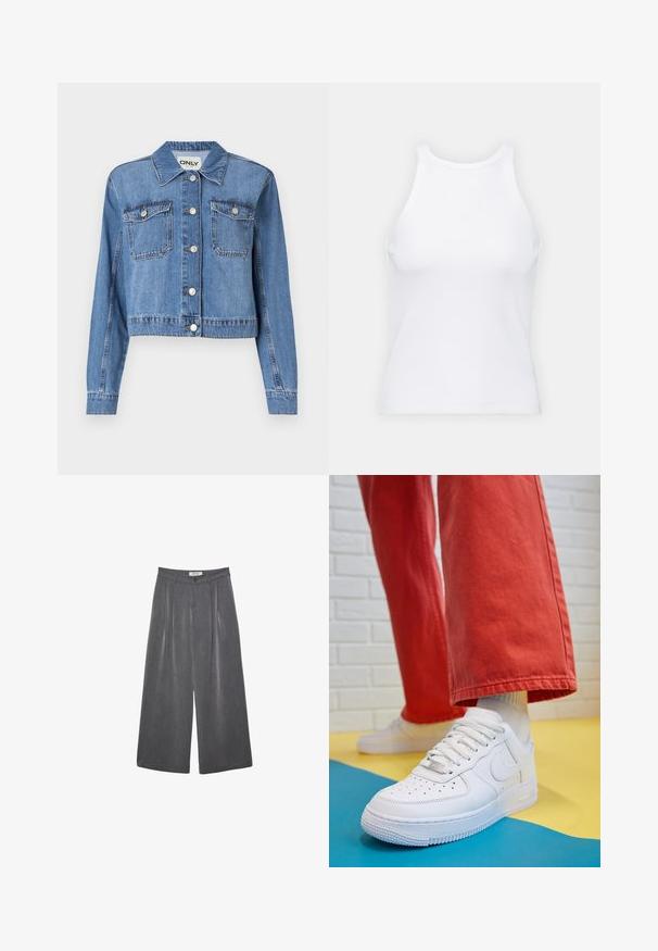 Giacca di jeans azzurro chiaro con design cropped, bottoni frontali, due tasche sul petto e colletto a punta. Presenta una texture liscia.; Top senza maniche bianco realizzato in tessuto a coste, caratterizzato da un collo arrotondato e una silhouette aderente, con cuciture minime e senza decorazioni.; Pantaloni ampi a pieghe in tessuto grigio scuro con una sottile texture. Presentano una chiusura con bottone e un design della vita classico.; Sneaker bianco in pelle con punta perforata, suola testurizzata e lacci bianchi, abbinati a pantaloni rossi larghi e uno sfondo blu e giallo.