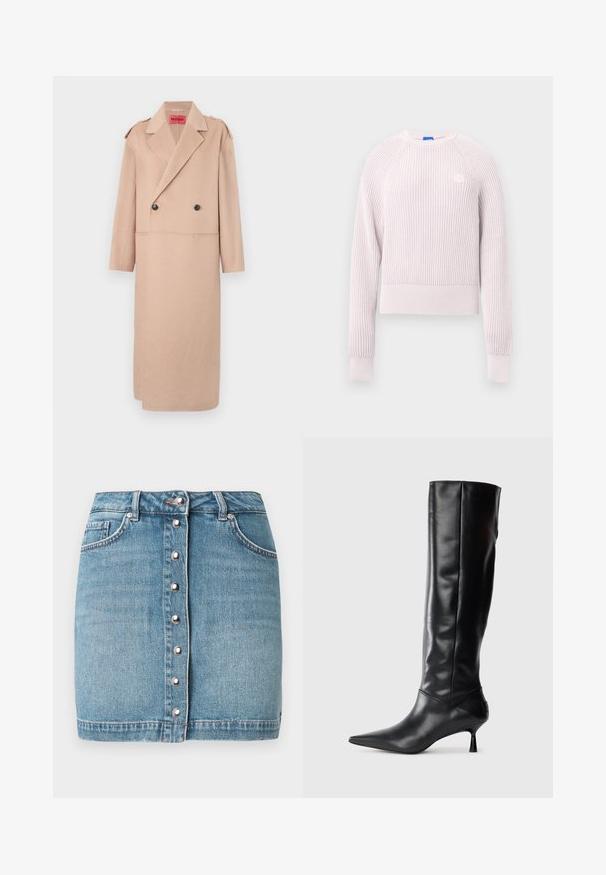 Beige vilnas maisījuma mētelis ar dubultas krūšu dizainu, lieliem atlokiem un divām priekšējām kabatām. Satur melnus pogas un plecu detaļas.; Gaiši rozā īss džemperis ar ribotu tekstūru, apaļu kakla izgriezumu un garām piedurknēm. Uz krūtīm redzams neliels logotips.; Gaiši zila džinsa mini svārki ar priekšējām pogām sudraba apkašņojumā, divām priekšējām kabatām un robainu apakšmalu.; Melnas ādas ceļgala augstuma zābaki ar norādītu purngalu un plānu izliekumu papēdi. Gluda tekstūra, pieguļošs dizains un bez redzamām detaļām vai rakstiem.