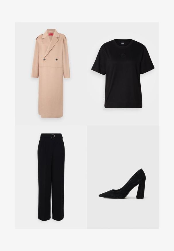 Beige ullblandning kappa med dubbelknäppt design, stora slag och två framfickor. Har svarta knappar och axeldetaljer.; Svart bomullströja med rund halsringning, korta ärmar och en broderad logotyp på bröstet. Enkel, avslappnad passform utan mönster.; Svarta skräddarsydda byxor med vida ben, utrustade med ett bälte med silverfärgad spänne, veck och en slät tygstruktur.; Svart mocka högklackad pumpsko med spetsig tå och klumpig klack. Snygg design, slät textur och minimalistisk stil. Ingen synlig märkning.
