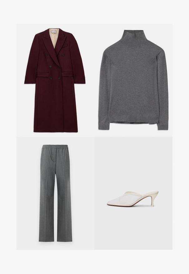Burgunderfarbenes, doppelt gefüttertes Jackett aus einem strukturierten Stoff, mit schwarzen Knöpfen, seitlichen Taschen und einem Reversdesign.; Grau gestrickter Pullover mit Stehkragen aus weichem Material, lange Ärmel, gerippter Hals und Saum sowie einem lockeren Schnitt. Glatter Textur und schlichtes Design.; Graue weit geschnittene Hose mit elastischem Bund, aus einem strukturierten Stoff mit einem dezenten Webmuster.; Weiße Mesh-Pantoletten mit spitzer Zehenform, schlankem Mittelabsatz und Slip-On-Design vor einem schlichten Hintergrund.