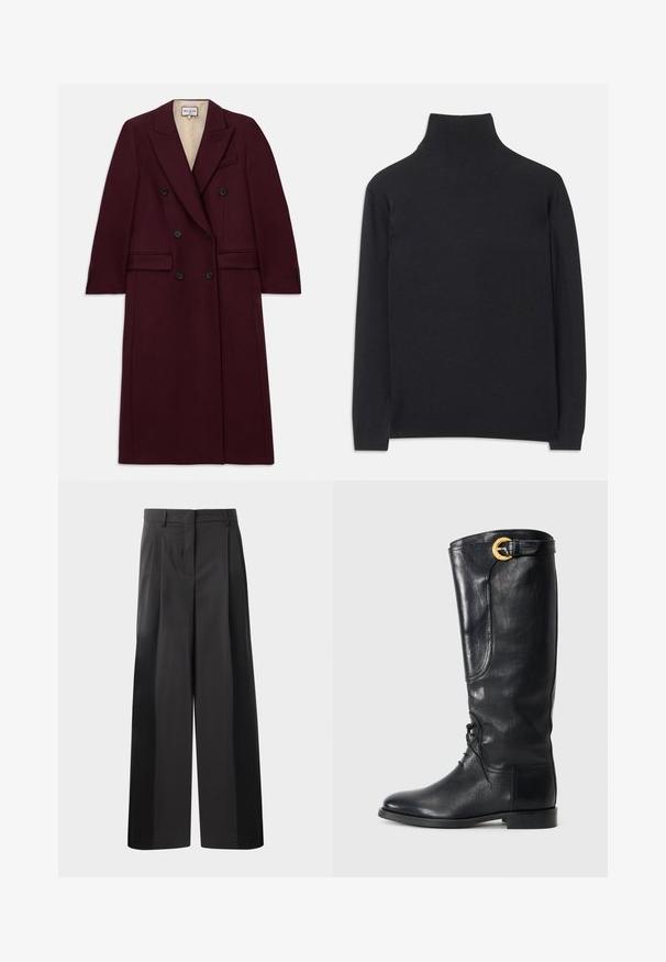 Burgundi színű, dupla soros kabát, amely texturált anyagból készült, fekete gombokkal, oldalsó zsebekkel és kiképzett hajtókával.; Fekete garbó pulóver puha anyagból. Hosszú ujjakkal, magas nyakkal és bordázott mandzsettákkal, valamint aljjal rendelkezik, ami karcsú megjelenést kölcsönöz.; Fekete, bő szárú nadrág magas derékkal, elöl plissékkel, sima felülettel és igényes kidolgozással. Kényelmes viseletre tervezve.; Fekete bőrből készült, térd fölé érő csizma, lekerekített orral, fűzős elülső résszel, oldalsó díszítéssel és arany színű csattal a tetején. Simább textúra.