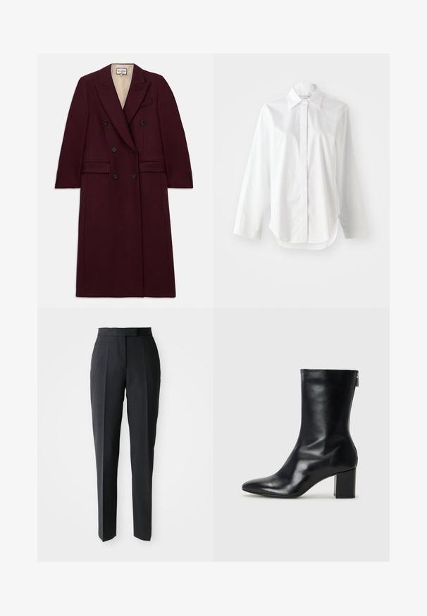 Palton dublu, de culoare burgundy, realizat dintr-un material texturat, cu nasturi negri, buzunare laterale și un guler cu decupaj.; Cămașă albă cu mâneci lungi, cu guler clasic, cu închidere pe butoane și un tiv ușor curbat. Material neted cu un aspect curat.; Pantaloni negri drepți, croiți, cu talie înaltă și pliseuri frontale, expuși pe un fundal deschis și simplu.; Botină din piele neagră, cu vârf ascuțit și toc bloc de 4 cm. Design elegant, cu un fermoar lateral pentru o îmbrăcare ușoară. Textură netedă.