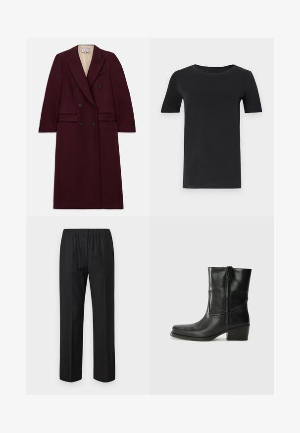 Burgundy dubbelknäppt rock i ett strukturerat tyg, med svarta knappar, sidofickor och design med slag.; Svart kortärmad t-shirt i mjuk bomull, med rund halsringning och klassisk passform. Slät textur, inga mönster eller dekorationer.; Svarta byxor med elastisk midja, rak bendesign och inga synliga fickor. Slät tyg med matt yta.; Svart läderankelboot med rund tå, blockklack, sidodragkedja och sömmar på ovandelen. Slät textur, klassisk design.