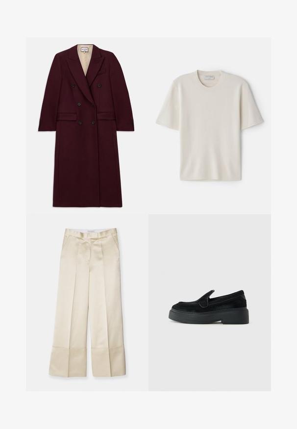 Burgunderfarbenes, doppelt gefüttertes Jackett aus einem strukturierten Stoff, mit schwarzen Knöpfen, seitlichen Taschen und einem Reversdesign.; Krèmi-farbene Kurzarm-T-Shirt mit rundem Ausschnitt, aus weichem Material gefertigt, mit geradem Schnitt und minimaler Ausstattung.; Beige weite Hose aus glattem Stoff mit hohem Bund, gepunkteter Vorderseite und umgeschlagenem Saum, ausgestattet mit seitlichen Taschen und sauberem Finish.; Schwarze Slipper mit dicker Sohle, niedrigem Absatz und strukturiertem Obermaterial vor einem schlichten weißen Hintergrund.