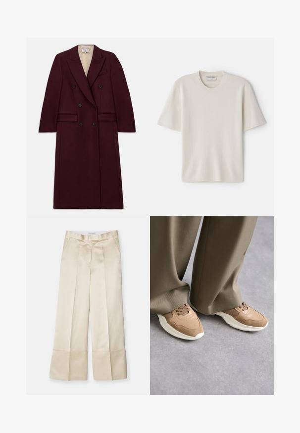 Burgunderfarbenes, doppelt gefüttertes Jackett aus einem strukturierten Stoff, mit schwarzen Knöpfen, seitlichen Taschen und einem Reversdesign.; Krèmi-farbene Kurzarm-T-Shirt mit rundem Ausschnitt, aus weichem Material gefertigt, mit geradem Schnitt und minimaler Ausstattung.; Beige weite Hose aus glattem Stoff mit hohem Bund, gepunkteter Vorderseite und umgeschlagenem Saum, ausgestattet mit seitlichen Taschen und sauberem Finish.; Braune Sportschuhe aus einer Kombination von glattem Leder und Mesh-Materialien, mit einer weißen Gummisohle und subtilen Perforationsdetails.