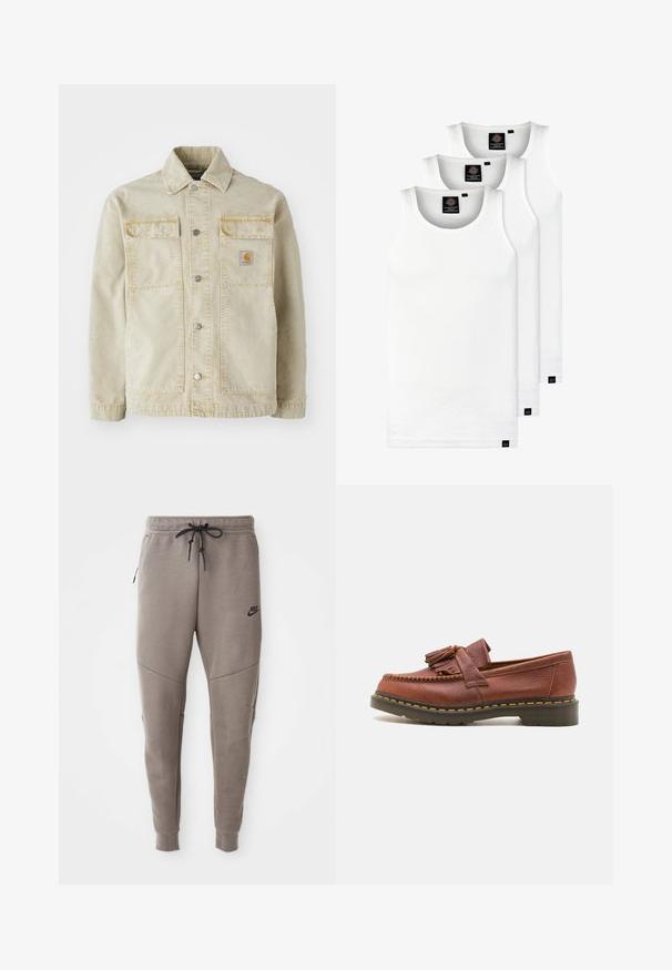 Jachetă de denim bej cu închidere prin buton, două buzunare pe piept, cusături fine și un mic patch cu logo pe buzunarul stâng.; Trei maieuri albe ribbate din bumbac. Au un guler rotund și etichete negre mici lângă tiv. Disponibile în mai multe mărimi.; Pantaloni de trening gri Nike cu un braț de strângere la talie, picioare conice, buzunare laterale și detalii de cusătură distincte. Material moale, texturat.; Mocasini din piele maro cu accente de ciucuri, suprafață texturată și cusături galbene contrastante pe talpa de cauciuc neagră. Vedere laterală.