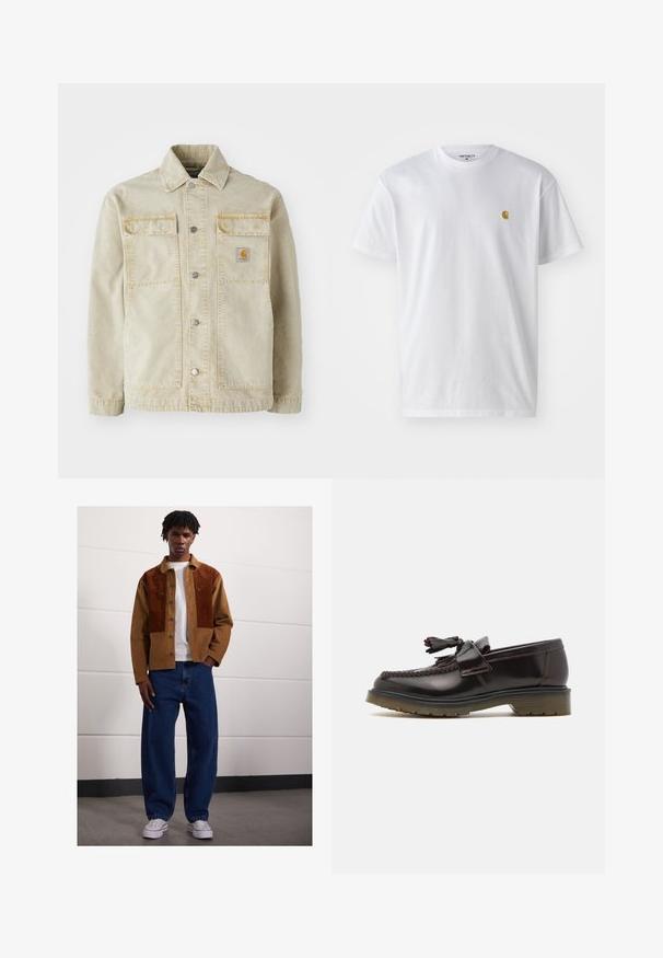 Bežna denim jakna z gumbnim zapiranjem, dvema žepoma na prsih, diskretnim šivanjem in majhno logotipno nalepko na levem žepu.; Bela bombažna majica s kratkimi rokavi, krožnim ovratnikom, z majhnim zlatim logotipom na levem prsnem predelu. Mehka tekstura in običajen kroj.; Moški stoji v notranjosti, oblečen v rjav žametni jopič z rjavimi madeži, bel t-shirt, ohlapne modre kavbojke in bele superge.; Rjavi usnjeni loaferji z pletenim vzorcem, detajlom v obliki rese in ravnim gumijastim podplatom. Imajo gladko površino in kontrastni šiv.