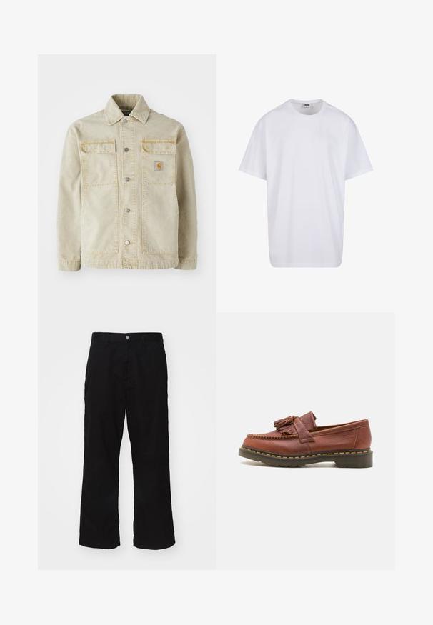 Beige spijkerjack met knoopsluiting, twee borstzakken, subtiele stiksels en een klein logo-patch op de linkerzak.; Witte katoenen t-shirt met korte mouwen, ronde hals, relaxte pasvorm en zonder zichtbare logo's of patronen. Gladde textuur en minimalistisch ontwerp.; Zwarte wijde broek gemaakt van een katoenmix, met een knoopsluiting en een recht model met minimaal zichtbare stiksels.; Bruine leren mocassin met franjeraccenten, een gestructureerd oppervlak en contrasterende gele stiksels langs de zwarte rubberen zool. Zijaanzicht.
