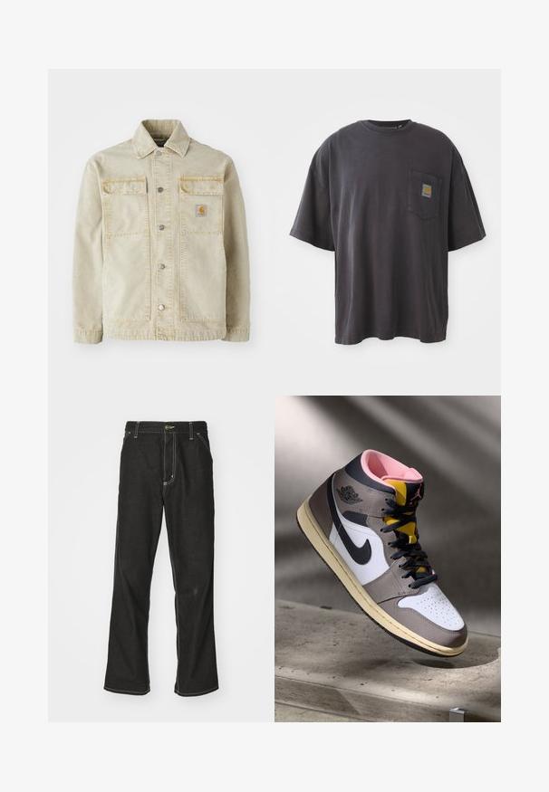 Bežová denimová bunda s knoflíkovým zapínáním, dvěma náprsními kapsami, jemným prošíváním a malou nášivkou loga na levé kapse.; Černé bavlněné tričko s krátkým rukávem, kulatým výstřihem a kapsičkou na levé straně hrudi, na které je čtvercová nášivka s logem. Jednoduchý a nezdobený design.; Černé denimové džíny s volným střihem, s kontrastním bílým prošíváním, zapínáním na knoflík a rovnými nohavicemi.; Bílé, šedé a černé vysoké tenisky Nike Air Jordan s růžovým interiérem a žlutým jazykem, umístěné na betonovém povrchu.