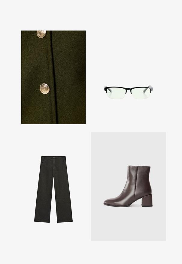 Donkergroen stof met een gladde textuur, voorzien van een opvallende zilveren knop met een reliëfontwerp in het midden.; Donkerbruin gebreid trui met een ronde hals, lange mouwen en ribgebreide rand. Zachte textuur met een relaxte pasvorm, geschikt voor het dragen in lagen.; Wijd uitlopende zwarte denim broek met een middelhoge taille, twee zijzakken en een eenvoudige, minimalistische uitstraling zonder zichtbare versieringen.; Bruine leren enkelboot met een elegant ontwerp, spitse neus en vierkante blokhak. Gladde textuur en minimalistische silhouet.; Zwarte rechthoekige bril met heldere glazen, uitgerust met slanke zwarte monturen en grijs transparante pootjes. Minimalistisch ontwerp, geen zichtbare merknaam.